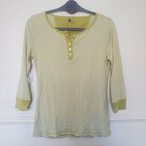 Gap Henley Long Sleeve Top Green Striped Womens Sz M Stretch Lightweight